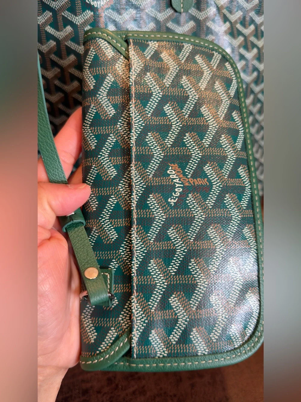 Goyard Green Patterned St. Louis Tote with Matching Pouch Size pm